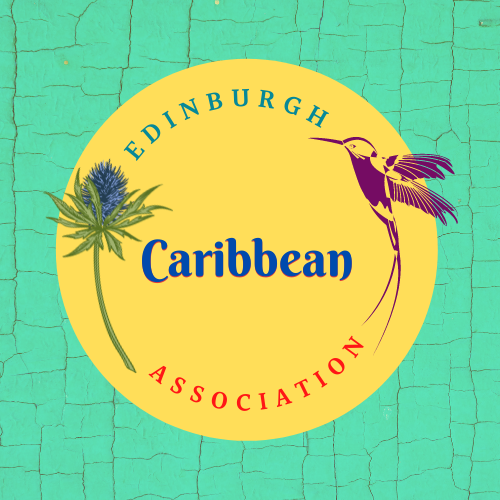 Yellow circle on turquoise cracked background with thistle and hummingbird. Text reads: Edinburgh Caribbean Association