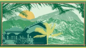 Poster graphic showing a sun setting behind green hilltops and in the foreground a palm tree and house by water.