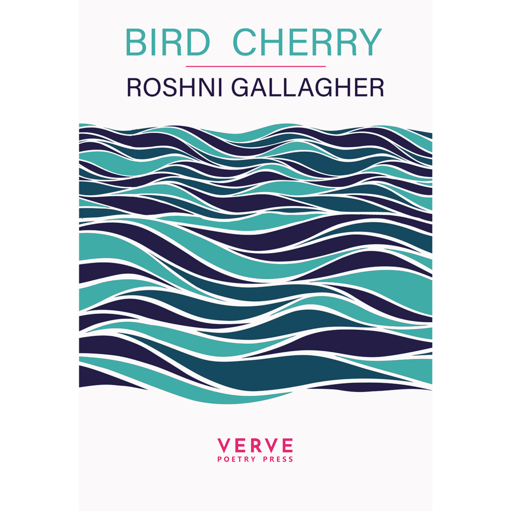 Book cover. Graphic illustration of ocean waves. Text above reads 'Bird Cherry, Roshni Gallaher'. Text below reads 'Verve'