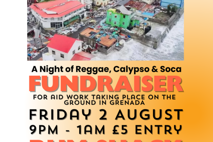 Poster for Carriacou fundraiser at the Rumshack, Friday 2nd August. Has a photo of buildings and homes devastated but hurricane Beryl.