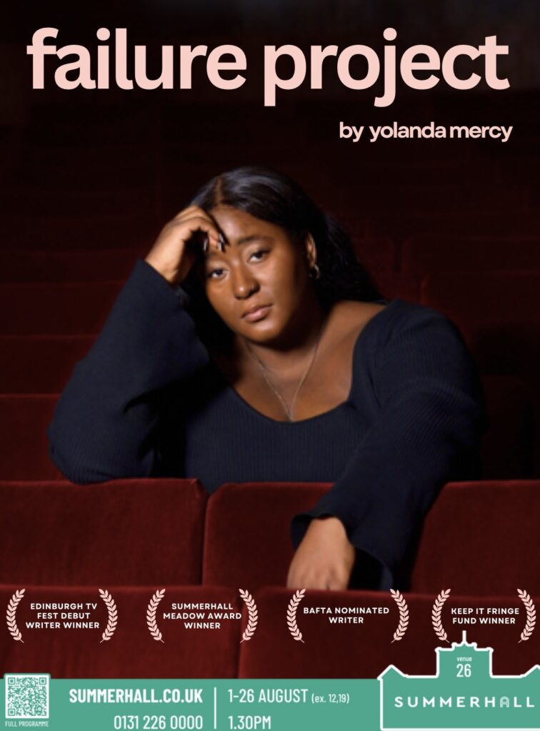 Poster of a Black woman sitting in theatre chair and leaning on the chairs in front with her hand on her forehead. Text: failure project.