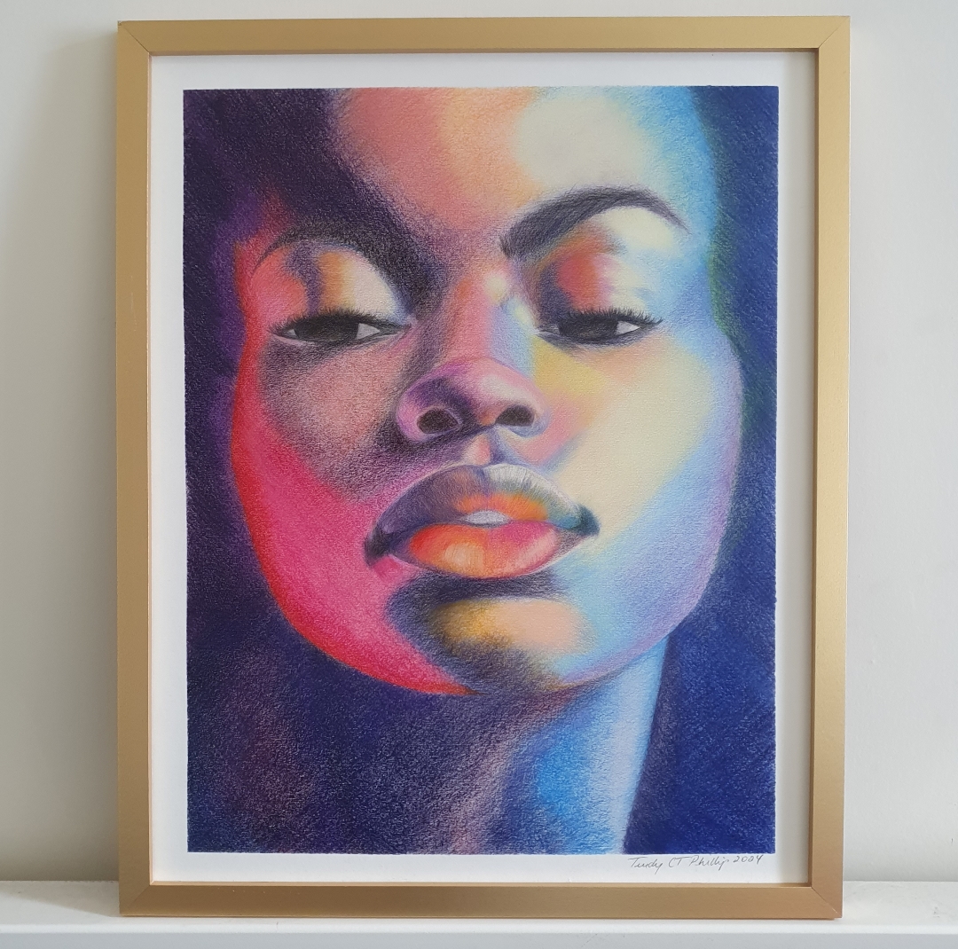 This vibrant coloured pencil portrait titled Midnight Tango captures the close-up of a woman's face in rich, swirling hues. The subject's serene yet powerful expression is depicted with partially closed eyelids and subtly parted lips. The use of bold, layered colours—including vivid purples, blues, oranges, and reds—creates an ethereal, dream-like effect, suggesting a dance between shadow and light. The soft shading transitions between cool and warm tones, accentuating the subject's smooth skin and full lips. The choice of colours highlights different facial contours, offering a dynamic sense of movement, as if light is constantly shifting across the surface. The piece evokes both intensity and tranquillity, as though the subject is enveloped in a private, contemplative moment. The precision and texture of the coloured pencil technique lend a tactile depth, enhancing the overall emotive quality of the work. The title hints at a sensual, nocturnal scene, where rhythm and emotion meet. In the bottom right is Trudy's signature and year of creation, 2024.