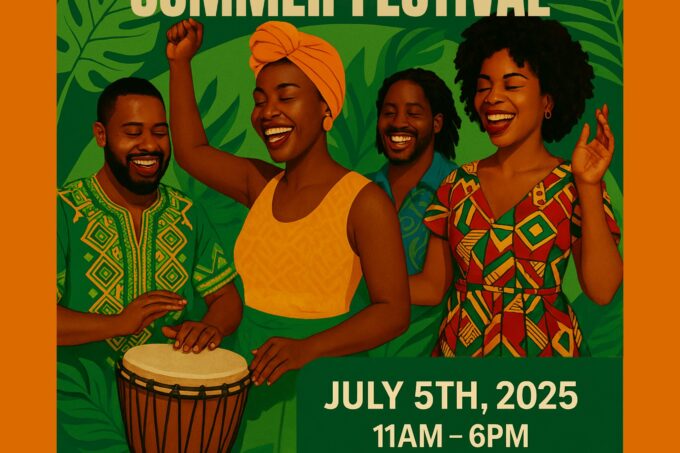 Illustration of four Black people smiling, dancing, with one person drumming on a hand drum. Text reads: Fife Afro-Caribbean Summer Festival July 5th 2025 11am-6pm Music, food, dance, cultural displays & more. 07384 717175 Temi@aytfoods.com