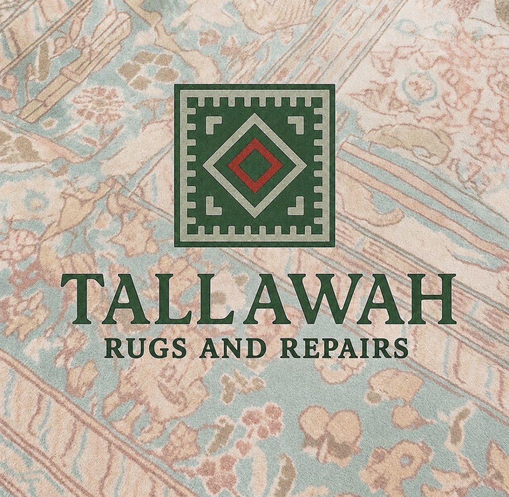 Green rug icon and text over a photo of woven rugs. Text says "Tallawah Rugs and Repairs"